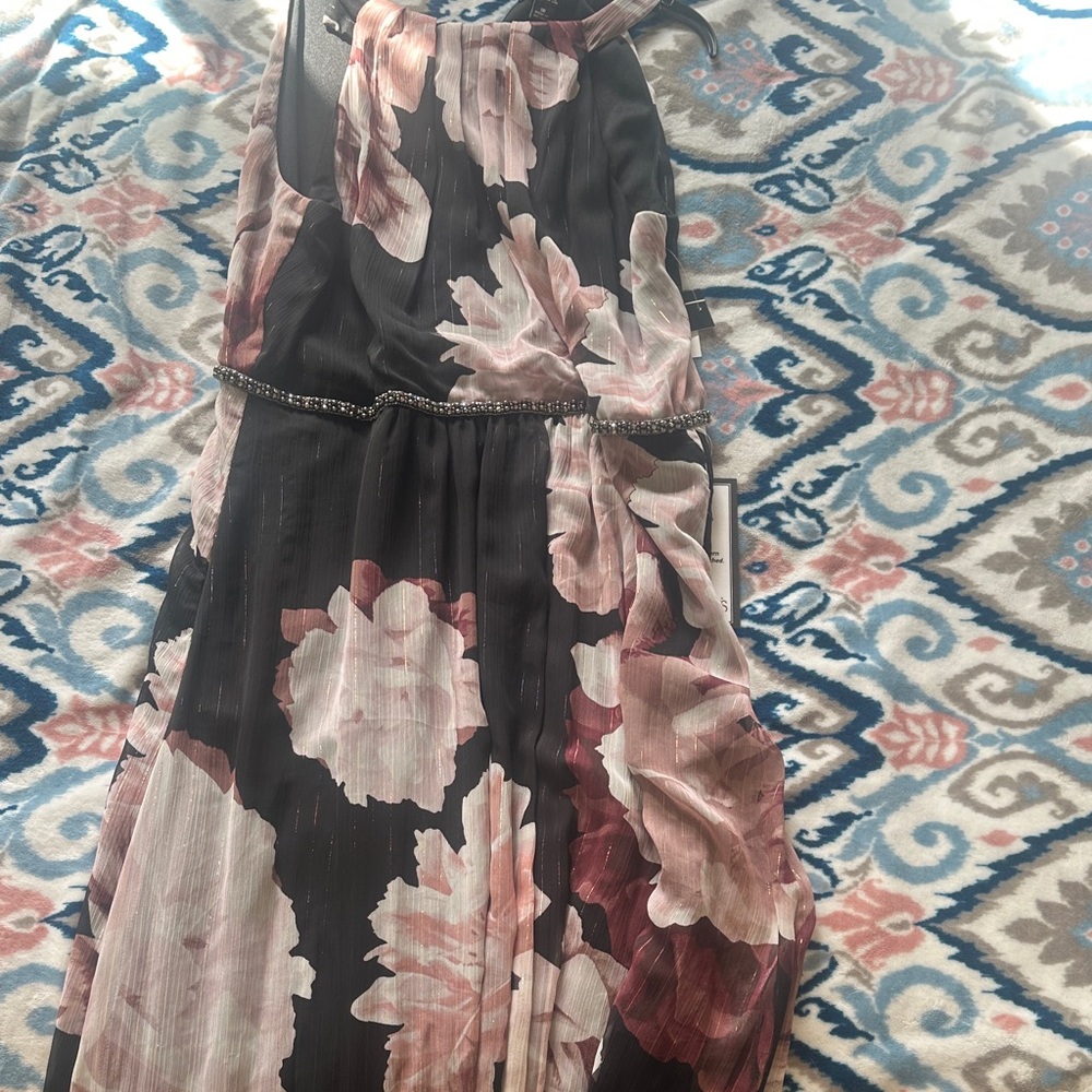 SLNY Black and Pink Floral Maxi Dress